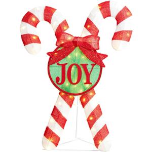 Glitzhome Lighted Christmas Candy Cane Outdoor Decor 35.5" H Holiday Decoration with 60 Warm White LED Lights, Stakes, Zips Ties