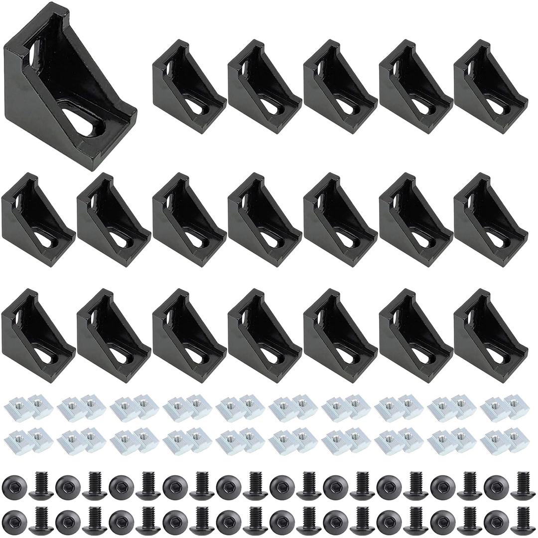 20 Set 2020 Series Aluminum Extrusion Profile Connector with 2028 Corner Bracket, 42pcs T-Slot Sliding Nuts and Hex Screw Bolt Include a Wrench, for 6mm 20S Extruded AL Profile Rail Reinforcing