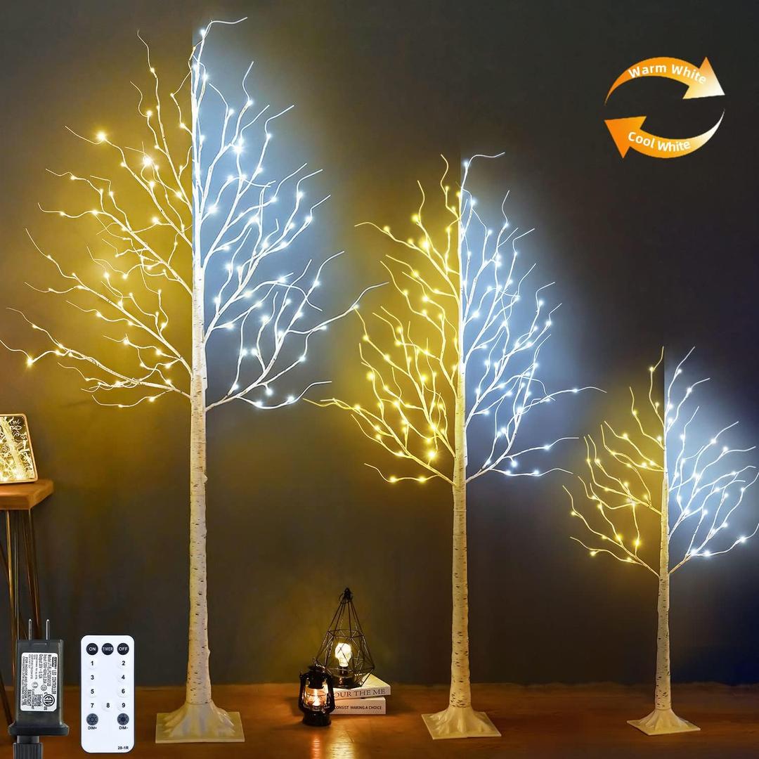 Lighted Birch Tree, Pack of 3, 4FT 6FT and 8FT Birch Tree Lights, 9Modes Timer for Indoor Outdoor Easter Tree Christmas Easter Decor Home Party Wedding Decor, Warm & Cool White