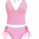 Jacquard Floral & Leopard Tankinis - Tankini Swimsuits for Women with Plunging Neck & Gingham Trim (Large, Light Pink)