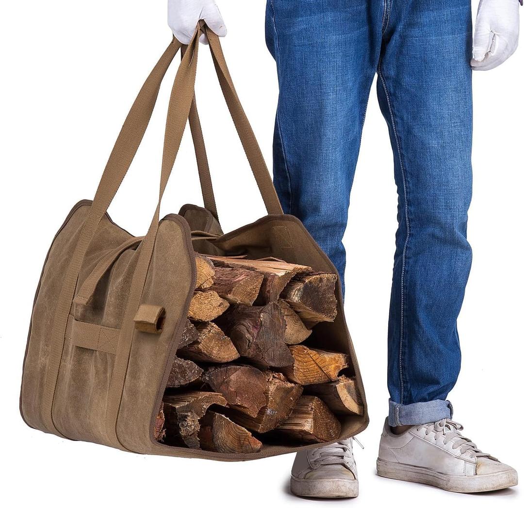 Firewood Carrier, Waxed Canvas Bag, Heavy Duty Tote Bag for Logs, Wood Carrying, Fireplace Carrier for Wood Stove Accessories, Log In Firewood Carrier Holder