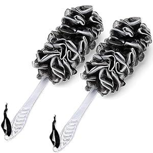 Qewro 2Pack Back Scrubber for Shower, Dual-Sided Loofah on a Stick as Shower Brush Exfoliating Body with Long Handle, Loofah Sponge Mens Loofah Bathing Accessories for Women (2Pack Black) 