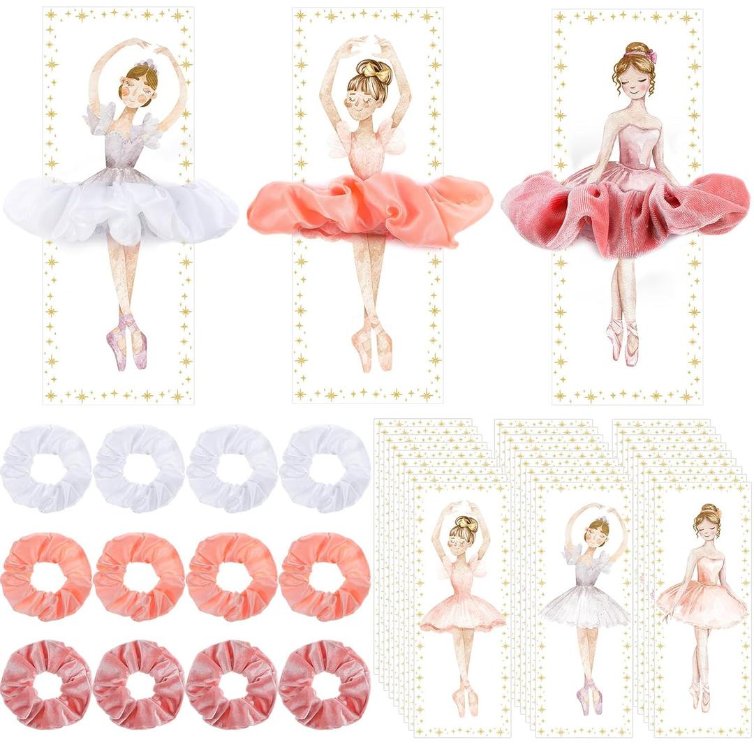 48 Pcs Ballerina Party Favors Ballet Hair Accessories 24 Pcs Pink Scrunchies Bulk 24 Ballerina Thank You Cards Ballet Birthday Party Decorations Hair Ties Kits for Women Dance Recital Gifts