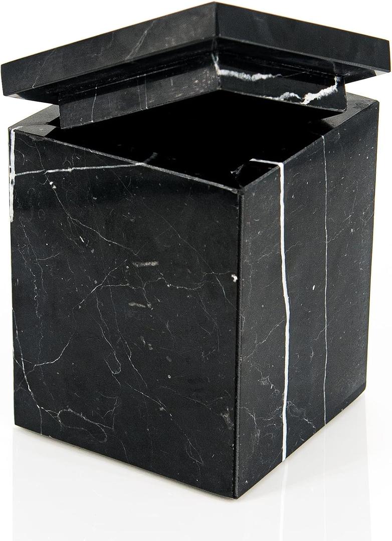 WORHE Marble Canister Natural Stone Qtip Holder with Lid Square Bathroom Vanity Organizer for Makeup Sponge Coffee Bean Dispenser Storage Jar Case for Home Decor Black (DLB202)