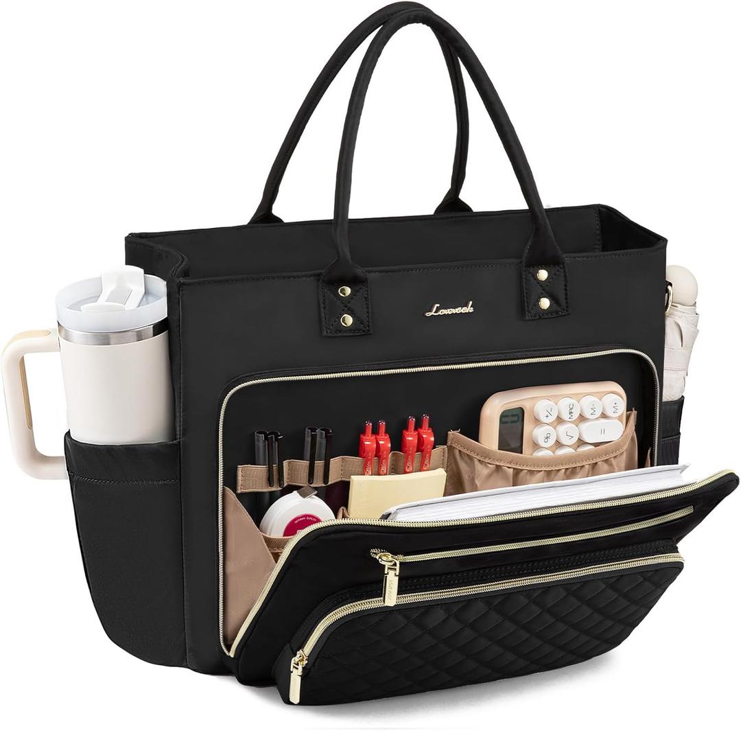 LOVEVOOK Teacher Tote Bag for Women Work, Laptop Bag Work Tote Bag Nurse Bags With Large Cup Holder, Professional Computer Briefcase Business Large Purses Handbag, Diaper Bag Mother Gift, Black (15.6 Inch)