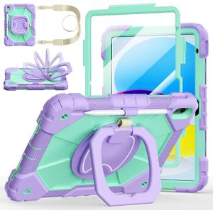 Case for iPad A16 11th Generation 11 Inch 2025, Auorld for iPad 10th Generation 10.9 inch 2022 case with Screen Protector, 360 Degree Rotating Stand Shoulder Strap Pencil Holder,Purple Mint