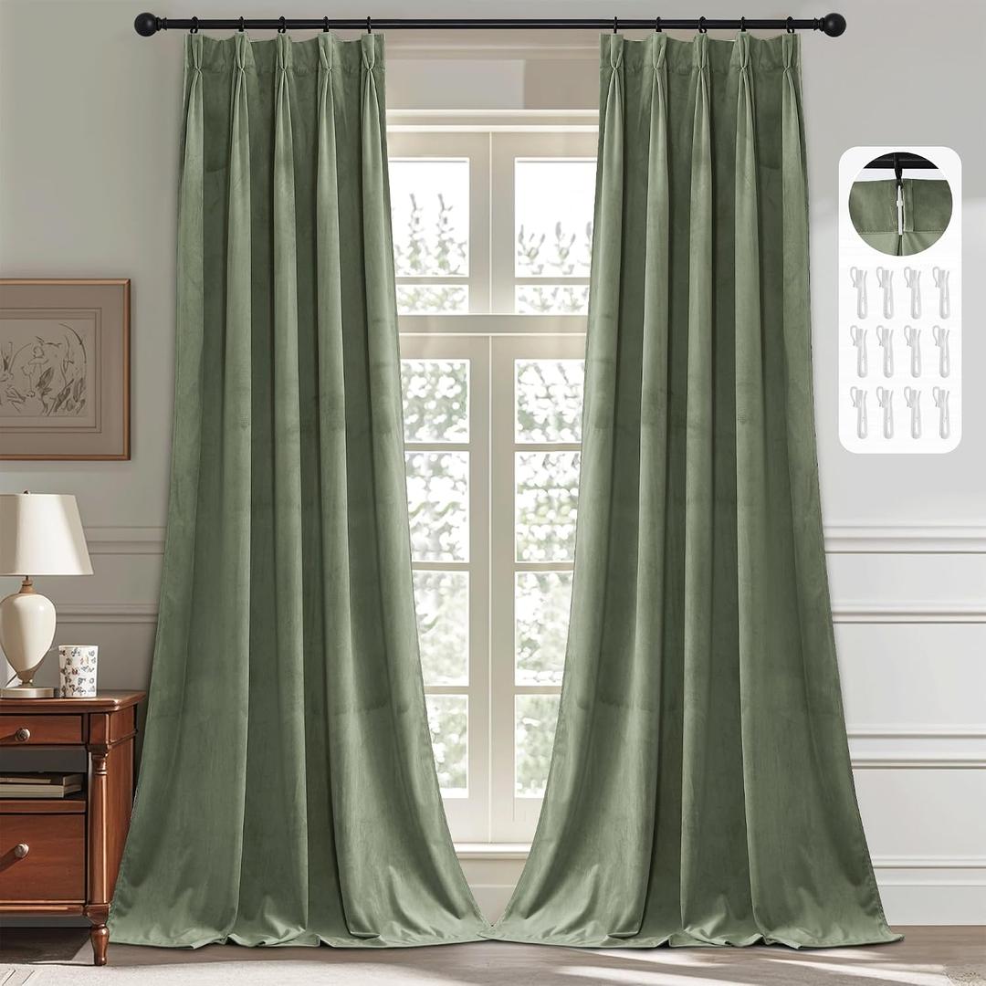 StangH Pinch Pleated Velvet Curtains for Living Room, Sage Green Room Darkening Plush Window Curtains Vertical Insulating Energy Floor to Ceiling Drapes for Sliding Door, W38 x L108, 2 Panels