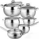 Daniks Classic 11-Piece Stainless Steel Cookware Set with Glass Lids, Includes Saucepan and Frying Pan with Lid, Tri-Ply Bases for Even Heating, Induction Compatible, Dishwasher Safe