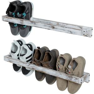 MyGift 30 Inch Shabby White Washed Solid Wood Wall Mounted Shoe Hanger Storage Rack, Hanging Shoes Organizer Shelf for Closet Mudroom Entryway, Set of 2 Holds 6 Pairs