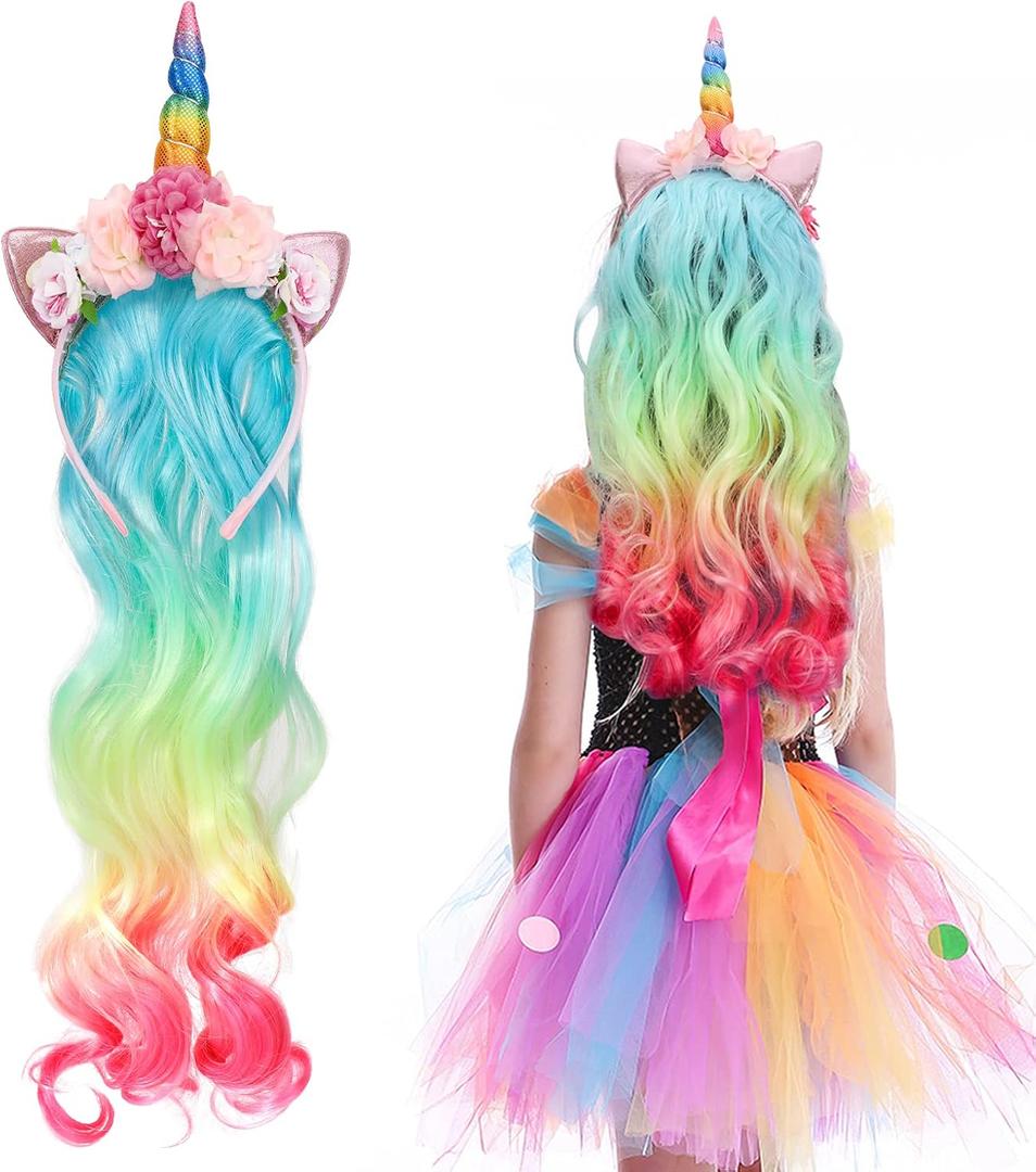 Hifot Unicorn Headband Curly Wig for Girls, Rainbow Flower Birthday Party Supplies Halloween Decorations for Kids Hair Accessories