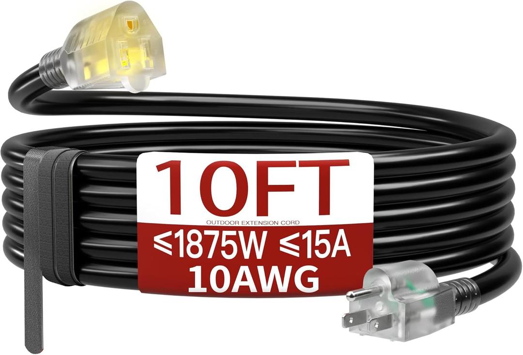 10 FT 10 Gauge Extension Cord Outdoor, Heavy Duty Weatherproof & Flame Retardant Black 3 Prong Power Cord with Light, Outside for Lawn & Garden, 15 Amps 1875 Watts 125 VAC 10AWG SJTW, ETL Listed