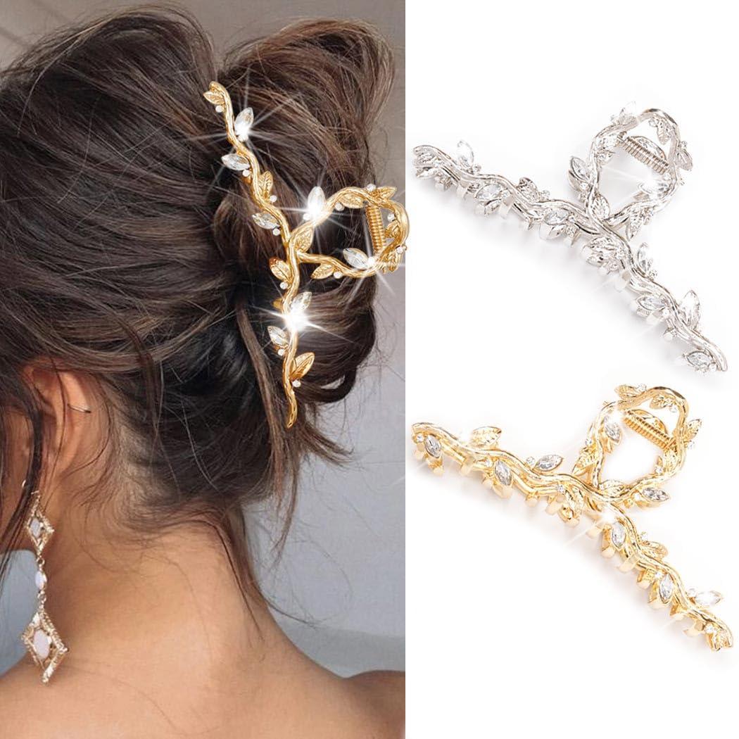CAKURE Fancy Hair Clips Rhinestone Gold Claw Clip Sparkly Hair Accessories for Women (Pack of 2) (a-gold&silver)