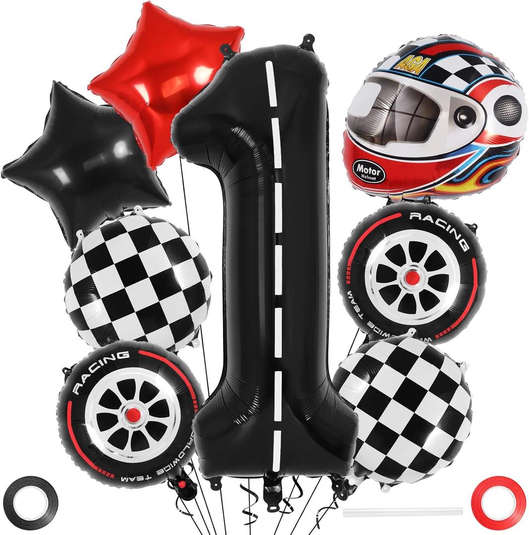 Race Car 1 Balloons, 40 Inch Racetrack Number 1 Balloon, Large Foil Mylar Racetrack Black 1 Balloon for 1st First Birthday Race Car Themed Party Decoration