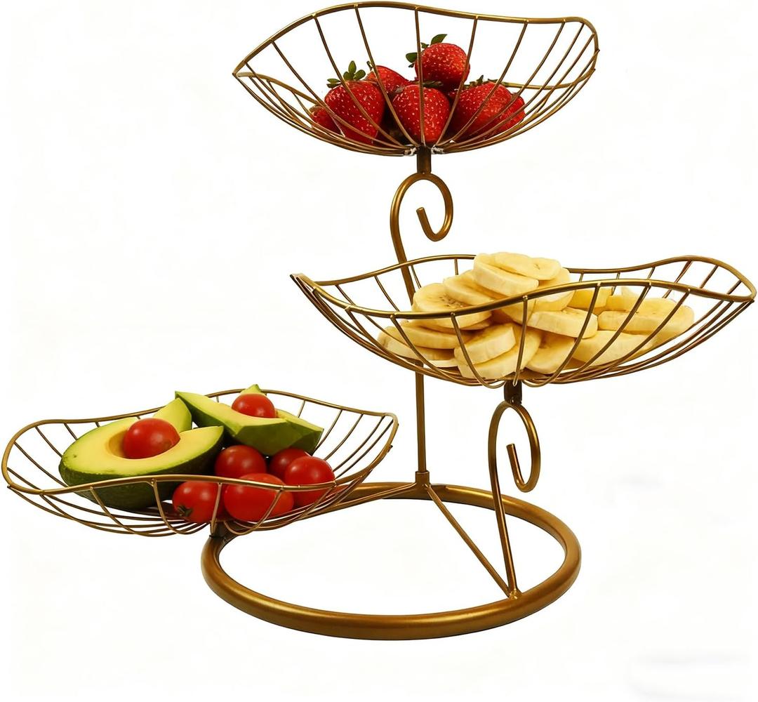 3 Tier Fruit Bowl, Detachable Tiered Fruit Holder with Open Wire Bowls, Gold Fruit Basket Stand for Kitchen Counter, Fruits/Veggies/Snacks, Decorative for Home/Office/Parties (Gold)