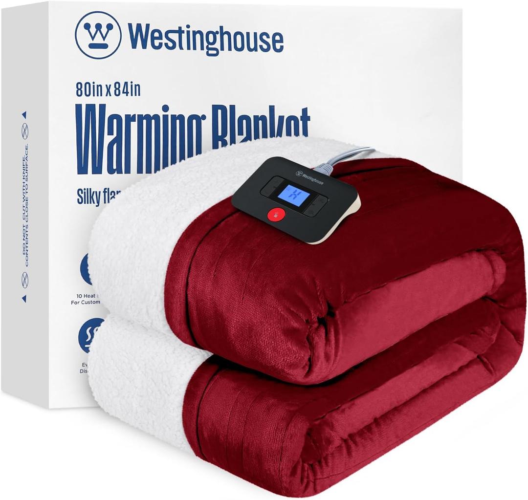 Westinghouse Electric Blanket Full, Heated Blanket Full Size with 10 Heating Levels and 1 to 12 Hours Heating Time Settings, Flannel to Sherpa Reversible, Machine Washable (80" x 84", Red)