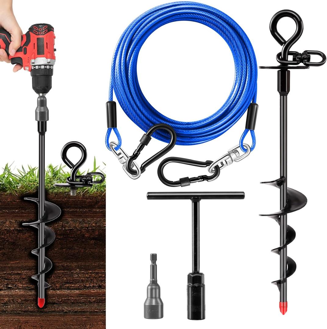Heavy Duty Dog Tie Out Cable and Stake,30FT Rust Proof Dog Leads Cable for Yard with Swivel Hook,360Swivel Spiral Dog Stake&Chain Up to 200 lbs,Removable Ground Anchor for Outdoor Beach Camping (Black)