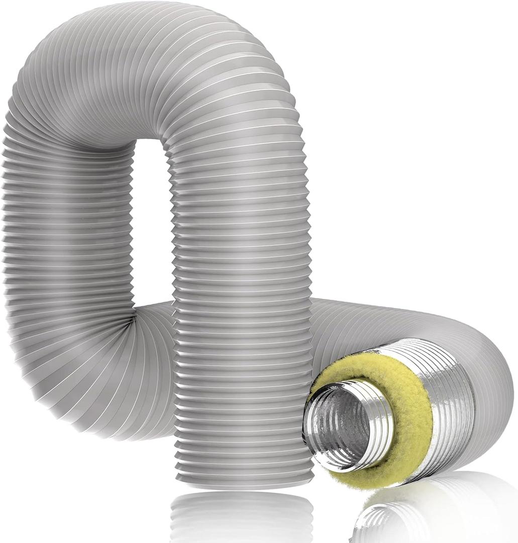 Hon&Guan 4'' Insulated Flexible Duct - 8 FT Noise Reducer Hose, Insulated Duct for Exhaust Fan Ductwork Insulation, Heating & Cooling HVAC Ventilation with 2 Clamps, Grey