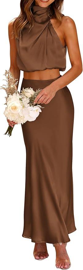 PRETTYGARDEN Women's 2 Piece Satin Outfits Summer Sleeveless Mock Neck Crop Tops and Long Skirt Dress Sets, S