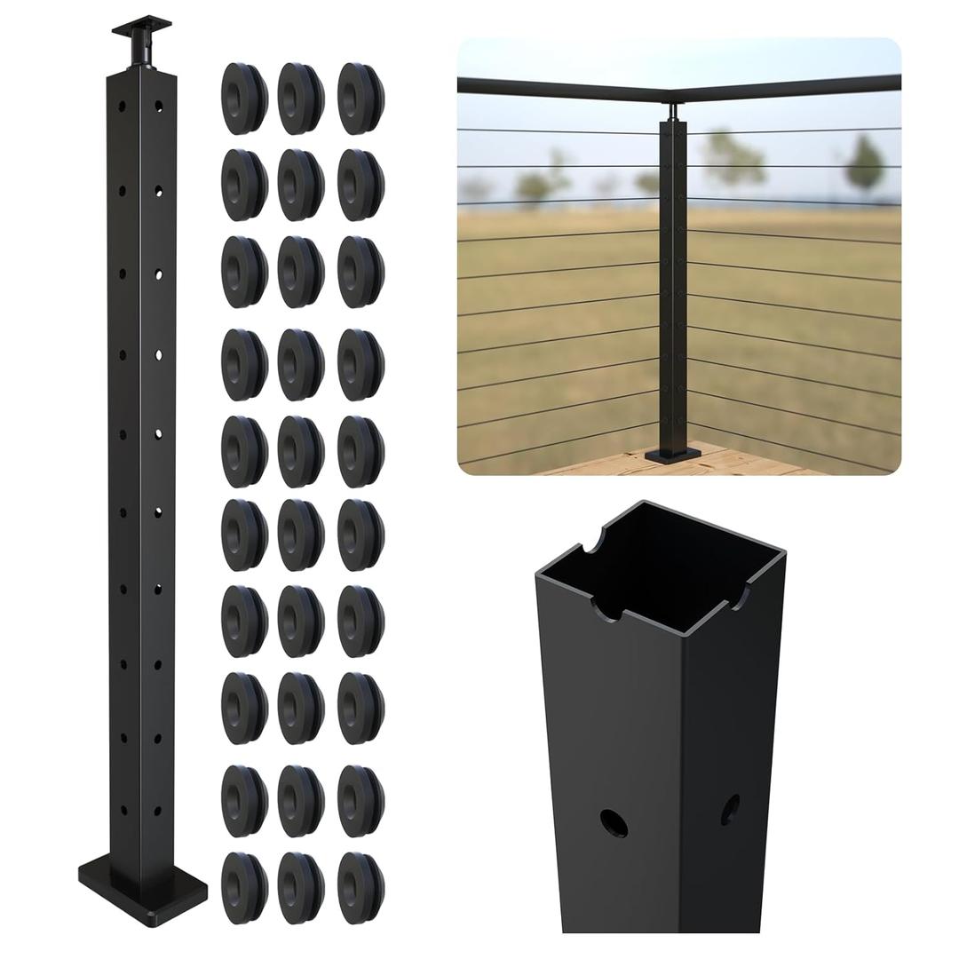 Corner Cable Railing Post 36" (35"x2"x2"), T-drilled Three Sides Corner Post, Stainless Steel Railing Post Adjustable Top, Black Deck Post with Cable Grommets, Surface Mount Post for Porches, Decks