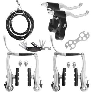 Gashwer Complete Bike Brakes Set, Universal Bike Front and Rear MTB Brake, Inner and Outer Callipers Cables Lever Kit with Multi-Tool Wrenches Silver