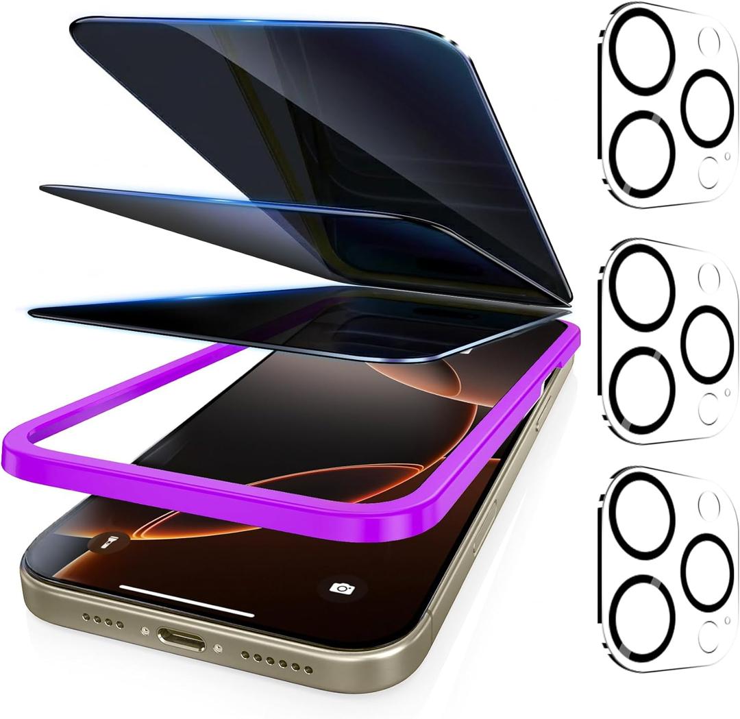 Fotbor [3+3 Pack Privacy Screen Protector for iPhone 16 Pro Max, 26 Anti-Spy & Blue Light Filter Tempered Glass with 3 Camera Lens Protectors, 3X Reinforced, Easy Alignment