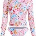 ZAFUL Womens Rash Guard Swimsuits Long Sleeve Sun Protection Bathing Suit Tropical Swim Shirts with Briefs Pink M