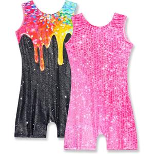 Nymphperi 2 Packs Gymnastics Leotard for Girls Sparkle Biketards with Shorts Kids Sleeveless Unitard One-Piece Dancewear (Rose Black)