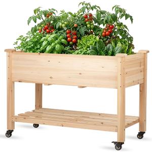 Raised Garden Bed with Lockable Wheels, 48x24x32 inch Elevated Wood Planter with Storage Shelf Protective Liner for Vegetable Flower Herb Outdoor Balcony Patio Backyard, Natural, 48x24x30 in