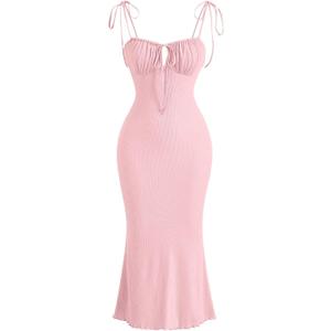 Verdusa Women's Ruched Knot Front Tie Shoulder Sleeveless Fishtail Bodycon Cami Dress (Light Pink)