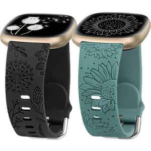 Minyee 2 Packs Floral Engraved Band Compatible with Fitbit Versa 4/Versa 3/Sense 2/Sense Band Women, Cute Silicone Dandelion Sunflower Design Soft Sport Fancy Summer Strap for Versa 4