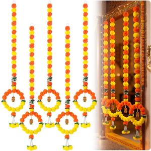 5 Pcs 5 ft Diwali Marigold Garland for Pooja Decor, Orange Yellow, 60 inch