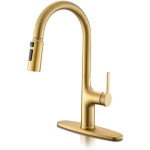 Gold Kitchen Faucets, Brushed Gold Kitchen Faucet with Pull Down Sprayer, Modern High Arc Brass Kitchen Sink Faucet, Stainless Steel Farmhouse Faucet for Kitchen Sink, Bar, RV,1 or 3 Hole