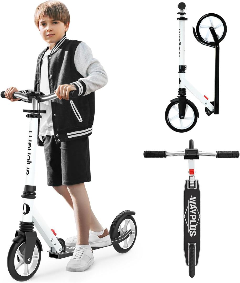 Kick Scooter for Ages 6+,Kid, Teens & Adults. Max Load 240 LBS. Foldable, Lightweight, 8IN Big Wheels for Kids, Teen and Adults, 4 Adjustable Levels, Bearing ABEC9 (White)