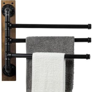 MyGift Swivel Towel Rack, Wall Mounted Towel Holder with 3 Tier Industrial Metal Pipe Towel Bars, Wooden Base Rustproof Swing Out Towel Hanger for Bathroom, Kitchen, Pool (Brown) (Burnt Wood / Black)