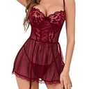 AnloveKiss Lingerie for Women Sexy Lace Babydoll Mesh NightDress Thong Chemise Boudoir Nightwear (Red, XXL)