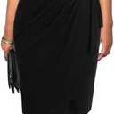 Women's Vintage Cap Sleeves Asymmetrical Neckline Sheath Bodycon Casual Work Cocktail Party Pencil Faux Wrap Dresses (Black, L)