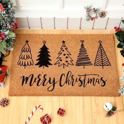 Duraaamo Merry Christmas Coir Doormat Christmas Tree Welcome Door Mat Non Slip Floor Mats Xmas Tree Mat Indoor Entrance Porch Front Decor, 24 x 16 Inch