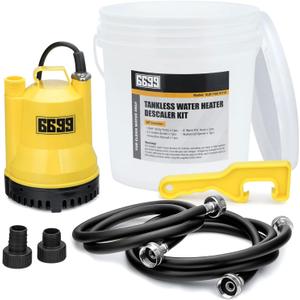 Tankless Water Heater Descaling Flush Kit Includes Submersible Utility Pump with Adapters 3 Gallons Pail with Bucket Lid Opener and Two 3/4" GHT X 6FT PVC Black Hoses Easy Installation to Clean