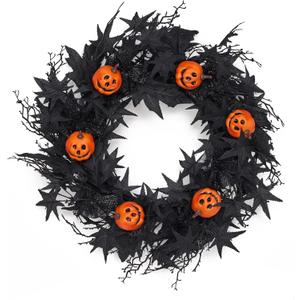 GENMOUS Halloween Wreath for Front Door - 22inch Eucalyptus Wreaths with Pumpkin, Maple Leaves, Dry Branches for Indoor Outdoor Wall Window Porch Patio Garden Farmhouse Home Party Prom Decoration
