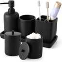 Resin 6 Pcs Black Bathroom Set Complete with Toothbrush Holder, Lotion Soap Dispenser, 2 Qtip Holder Dispensers,Vanity Tray,Bathroom Tumbler - Countertop Vanity Organizer - Bathroom Accessories Set