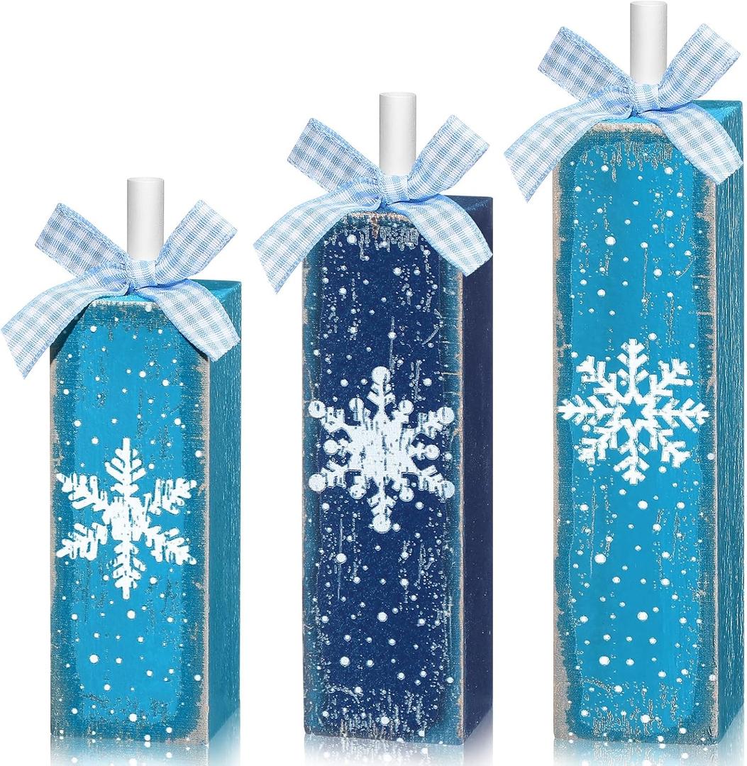Amyhill 3 Pcs Winter Table Decorations Wooden Snowflake Block Signs Rustic Snowflake Tabletop Centerpieces Blue Snowflakes Tiered Tray Decor for Winter Decorations Wonderland January Party Home Decor