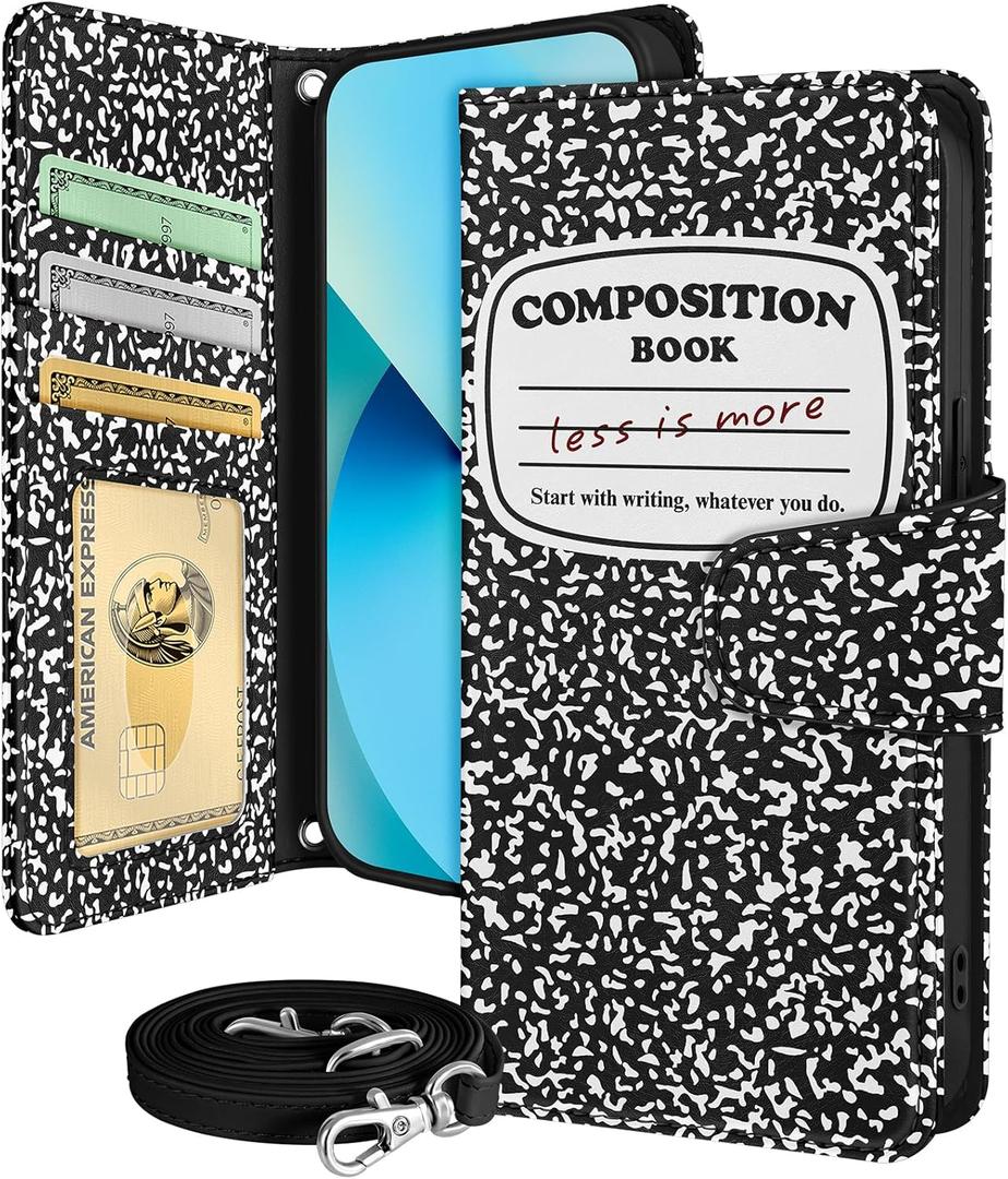 Buleens for iPhone 13 ProMax Wallet Case for Women - with Card Holder for iPhone 13 ProMax Flip Case Leather Crossbody Cute Aesthetic i Phone 13ProMax Case with Strap for Girls Girly, BK WH Notebook