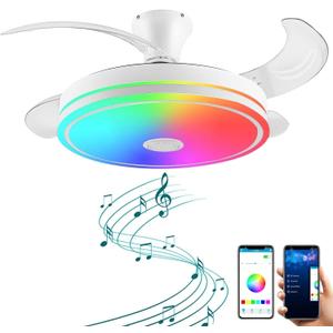 42in retractable ceiling fan with lights remote control,RGB color changing Bluetooth Ceiling Fan With Speaker Low Profile Modern Flush Mount for Bedroom, Living Room fandelier