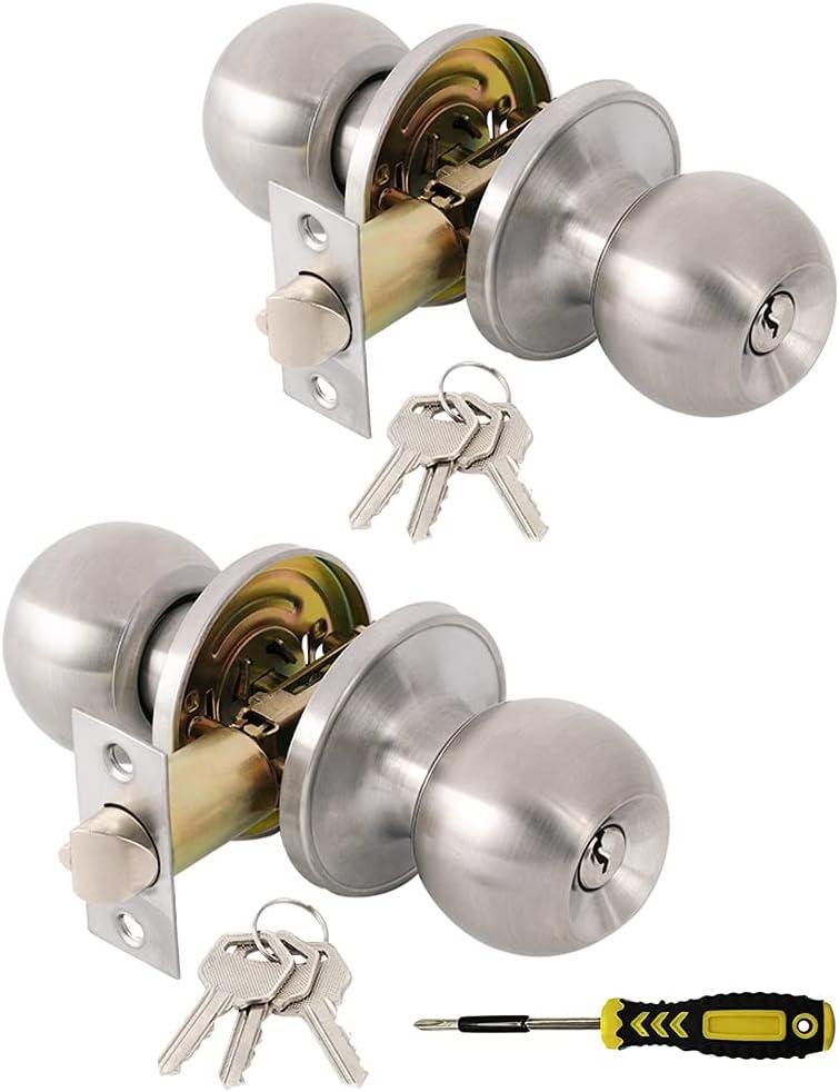 Lanwandeng (2 Pack) Entry Door Knob with Lock and Keys, Exterior/Interior Door Locks with Screwdriver for Bedroom or Bathroom,Satin Nickel Door knobs (Keyed Entry-Keyed Alike)