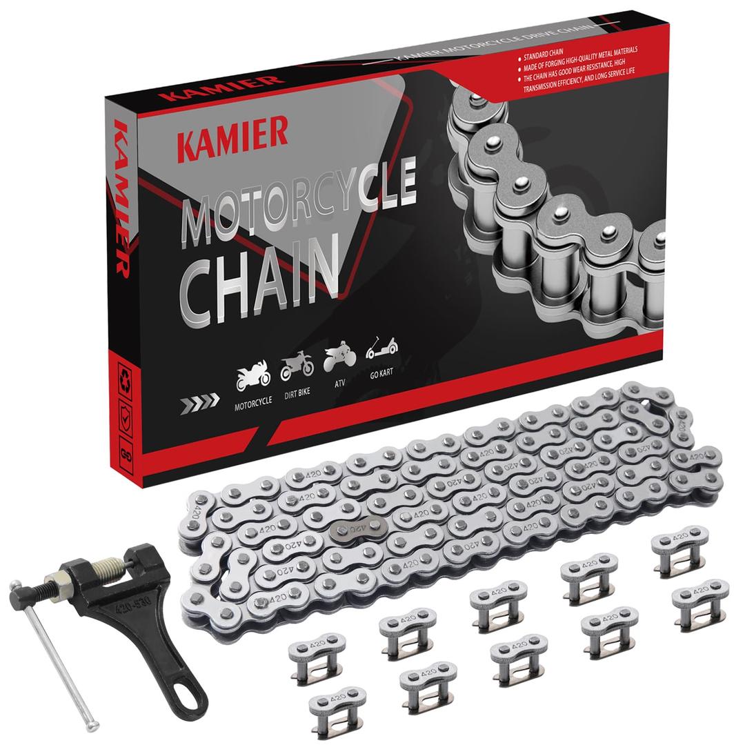 KAMIER 420 Drive Chain 102 Link with Chain Breaker for CRF50 XR50 KLX110 PW80 TTR90 RM60 50cc 70cc 90cc 110cc 125cc TaoTao Coolster Kayo SSR Chinese Pit Dirt Bike 4 Wheeler ATV Go Kart Mini Bike Parts (Silver, Silver)