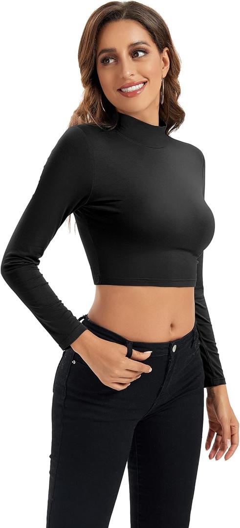 Womens Long Sleeve Crop Tops Lightweight Mock Neck Base Layer Shirts (X-Small, Black)