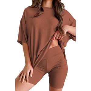 Womens 2 Piece Lounge Set 2026 Summer Travel Outfit Casual Short Sleeve Oversized Tshirts & Biker Shorts, S