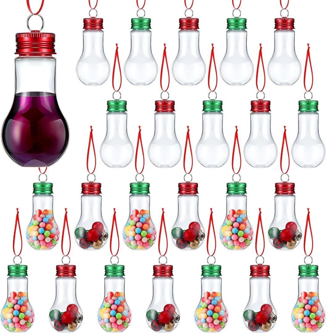 Sliner 24 Pcs Christmas Booze Balls with Ribbons Clear Plastic Fillable Christmas Bulbs Ornaments Plastic Fillable Light Bulbs with Screw Top for Crafts Xmas Tree Party Favors