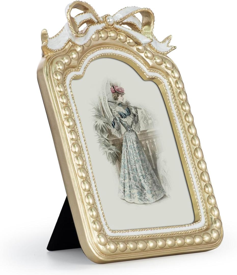 GUOER Vintage 5x7 Picture Frame with Bow Antique Ornate Table Top and Wall Mounting Photo Frame with High Definition Glass Front for Home Decor, Photo Gallery, Art(5x7, Gold)