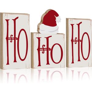 Thyle 4 Pieces Christmas Ho Ho Tabletop Decoration Wood Glitter Christmas Blocks Xmas Wooden Table Sign Holiday Xmas Dinner Party Decor (White with Red Letters)
